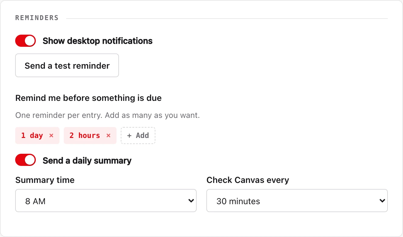 The reminder settings: a switch for desktop notifications, warning times of one day and two
        hours, a daily summary at 8 AM, and a check interval of 30 minutes.